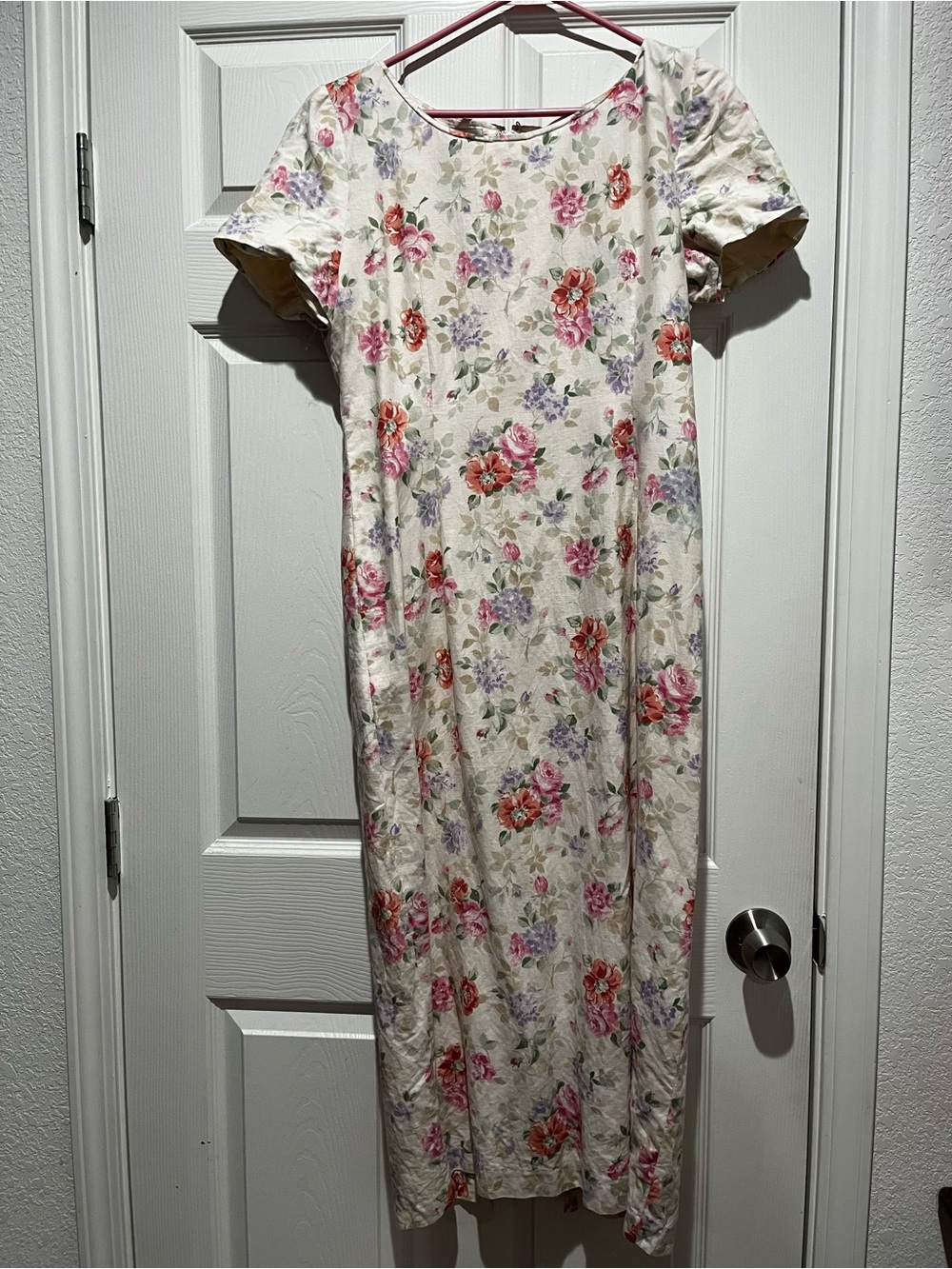 Vintage Floral Cream Maxi Dress with Pink & Purple Blooms
